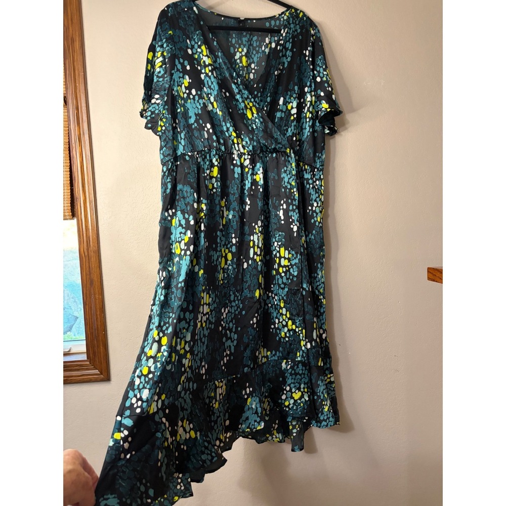 Torrid Womens Plus Size 3X Abstract Dot Print Faux Wrap Midi Teal Yellow Black